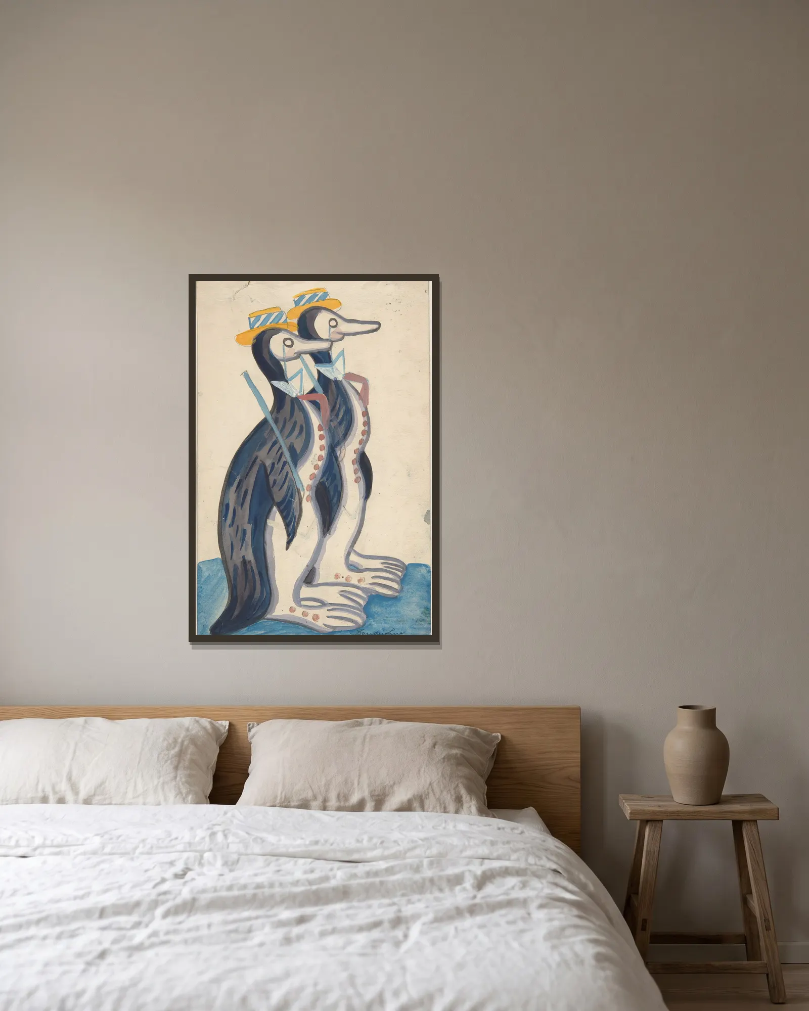 Two penguins av Sergey Yurievich Sudeikin inramad på en vägg