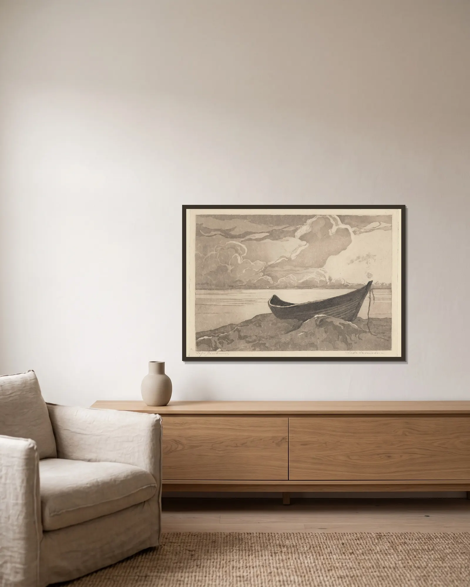 Lonely Boat (Jastarnia) av Zofia Stankiewicz inramad på en vägg