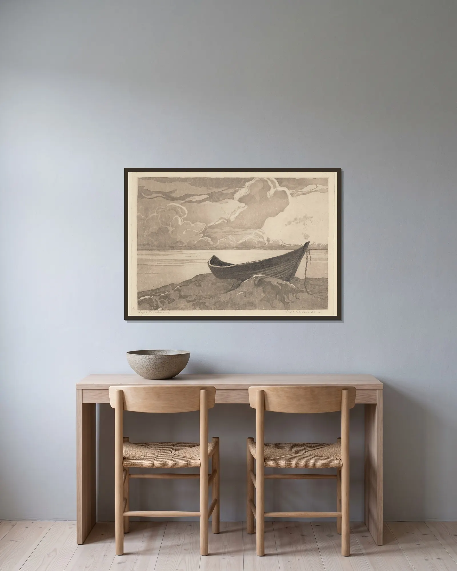 Lonely Boat (Jastarnia) av Zofia Stankiewicz inramad på en vägg