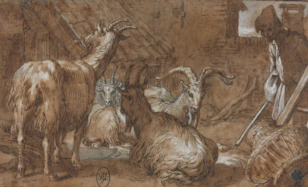 A Barnyard with Goats and a Goatherd av Abraham Bloemaert