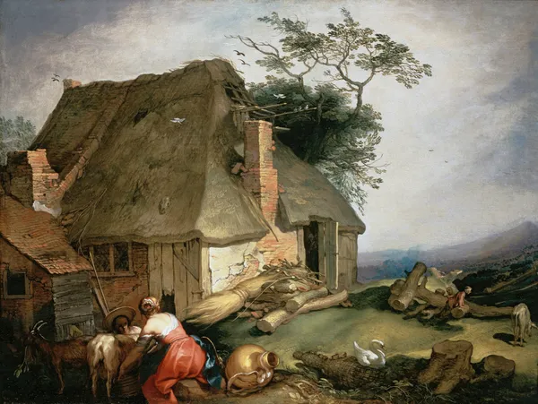 A cottage with peasants milking goats av Abraham Bloemaert