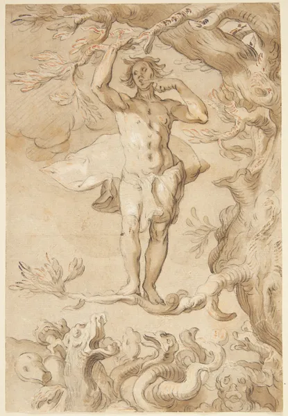 Den menneskelige glædes skrøbelighed En mand, der jages af en drage, klynger sig til en gren, mens han slikker honning af sin finger av Abraham Bloemaert
