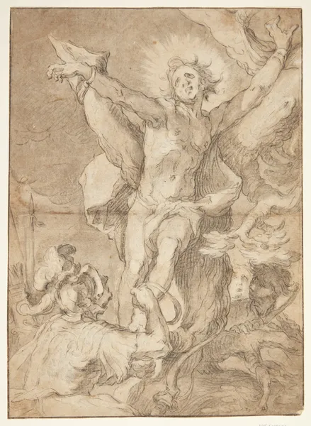 Saint Sebastian is tied to a tree by a Roman soldier av Abraham Bloemaert