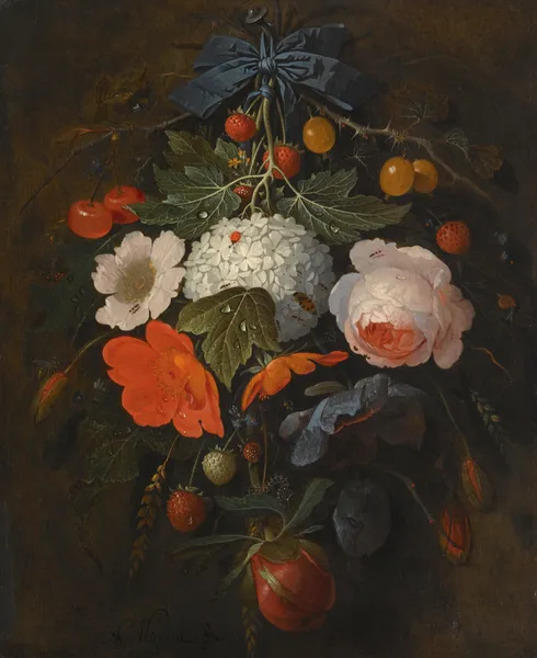 A Festoon Of Flowers And Fruit, Including A Pink Rose, A Poppy, A Snowball, Gooseberries And Fraises De Bois, Along With A Variety Of Insects av Abraham Mignon