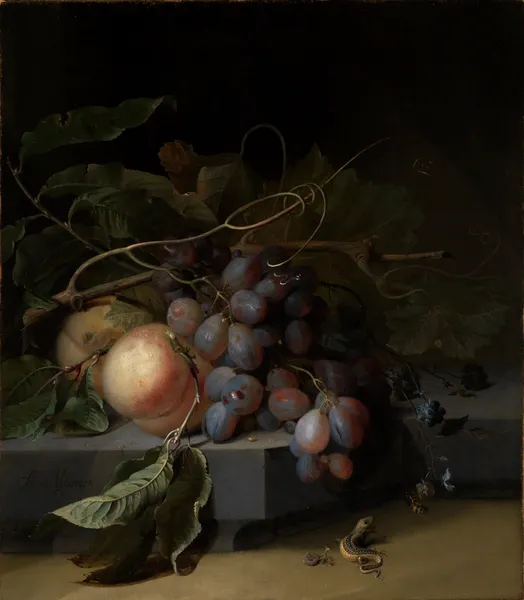 Fruchtstilleben mit Eidechse av Abraham Mignon