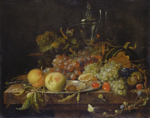Still Life with Fruit, Tin Plate and Wine Glasses av Abraham Mignon