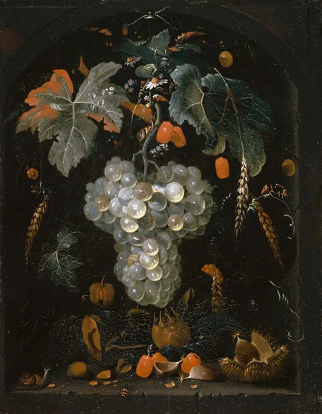 Still-Life With Grapes And Fruits In A Niche av Abraham Mignon