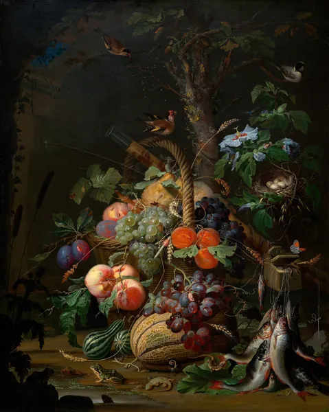 Stillleben mit Früchten,Fischen und Vogelnest av Abraham Mignon