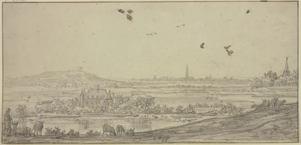 In der Ferne eine Stadt, links ein Haus im Wasser, vorne ein Schafhirte av Aelbert Cuyp