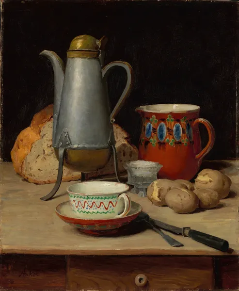 Still life; coffee and potatoes av Albert Anker