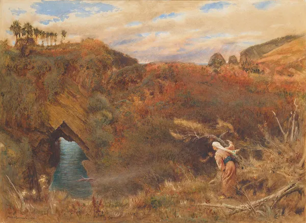 Prince Camaralzaman watching the robber of the Talisman av Albert Goodwin