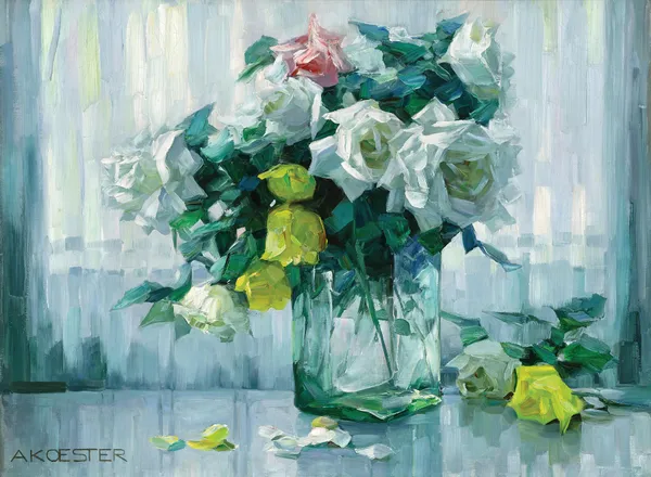 Still Life with White and Yellow Roses in a Glass Vase av Alexander Koester