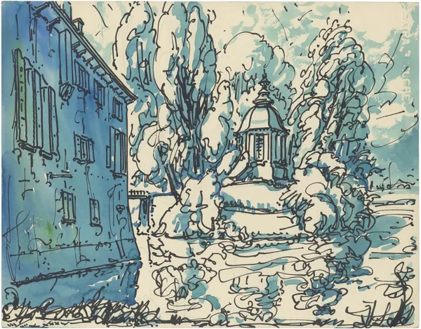Italiaans huis en kerk en bomen av Alfred Ost