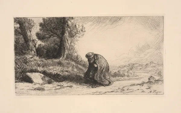 A vagabond walking along a lane av Alphonse Legros