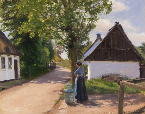 Dänische Dorfstraße mit Bäuerin und Milchmann av Hans Andersen Brendekilde