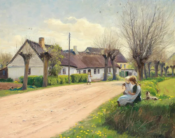Forår i landsbyen med piger i vejkanten av Hans Andersen Brendekilde