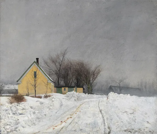 Foggy Winter Day. To the Left a Yellow House. Deep Snow. av Laurits Andersen Ring