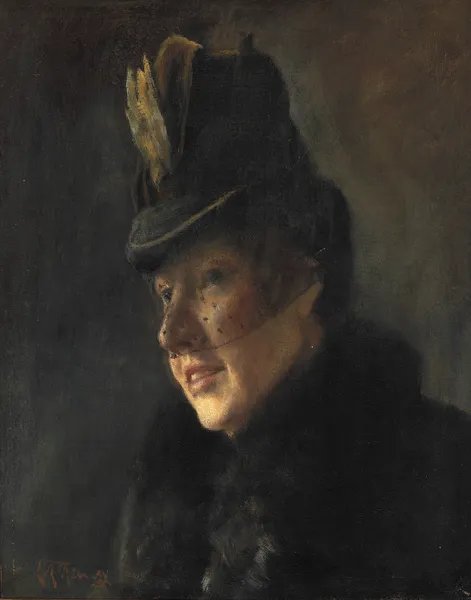 Portræt af en ung kvinde i frakke med pelskrave og hat med slør av Laurits Andersen Ring