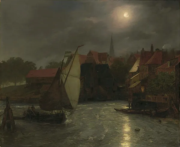 Boats On A Canal, Moonlight av Andreas Achenbach
