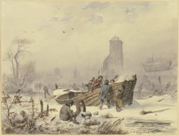 Schiffer bei einem eingefrorenen Schiffe av Andreas Achenbach