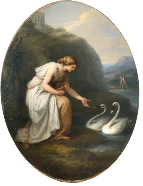 Immortalia, the nymph of immortality, receiving nameplates from two swans av Angelica Kauffmann