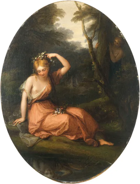 Silvia, decorating herself with flowers while observed by Daphne av Angelica Kauffmann