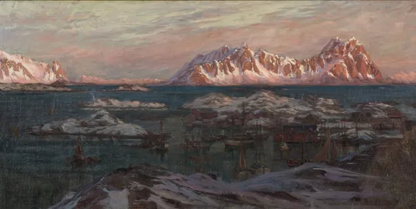Fishing Harbour with Sunlit Mountains. Study from North Norway av Anna Boberg