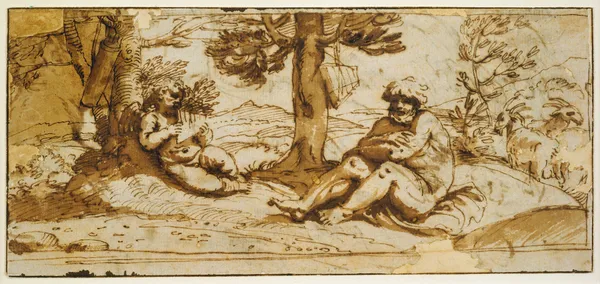 Amor, Playing the Flute, and Silen in an Arcadian Landscape av Annibale Carracci