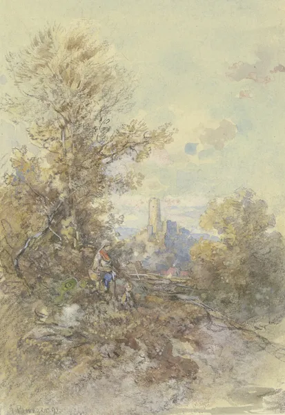 Landschaft mit Bäuerin, Kind und der Ruine Eppstein av Anton Burger