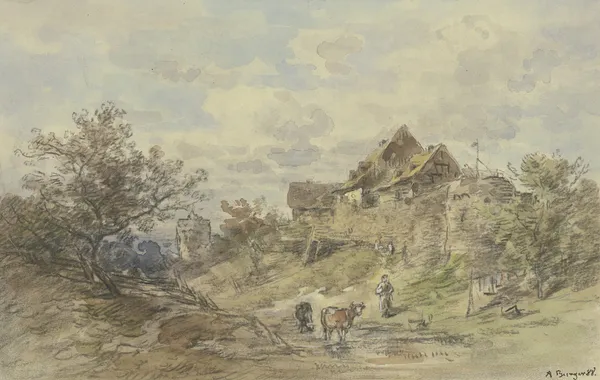 Landschaft mit Gehöft, zwei Kühe mit Bäuerin im Vordergrund av Anton Burger