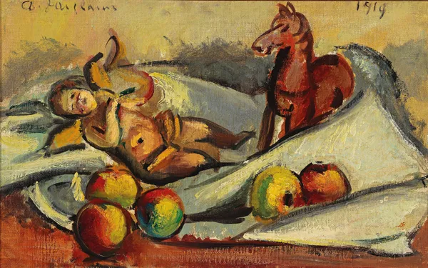 Stillleben mit Äpfeln, Putto und Pferdchen av Anton Faistauer