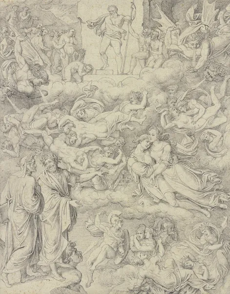 Dante und Vergil erblicken Paolo und Francesca, oben der Höllenrichter Minos av Joseph Anton Koch