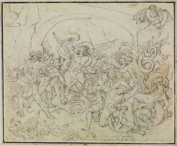 Die Strafe der Diebe im Tal der Schlangen und Drachen (Dante Inferno, Canto 25, V 17) av Joseph Anton Koch