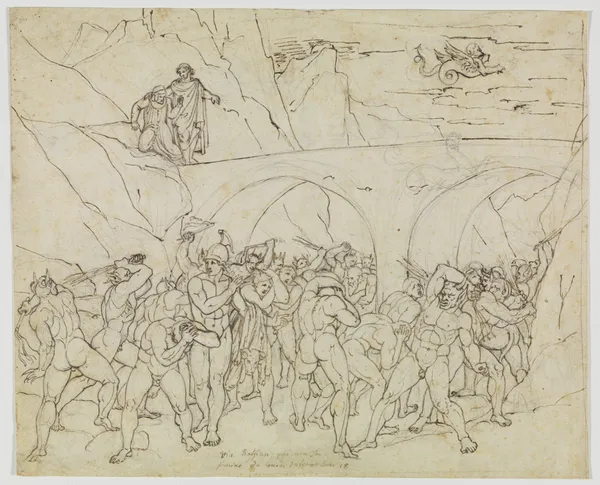 Kuppler, Betrüger und Schmeichler von den Teufeln gepeitscht (Dante Inferno, Canto 18, V 79) av Joseph Anton Koch