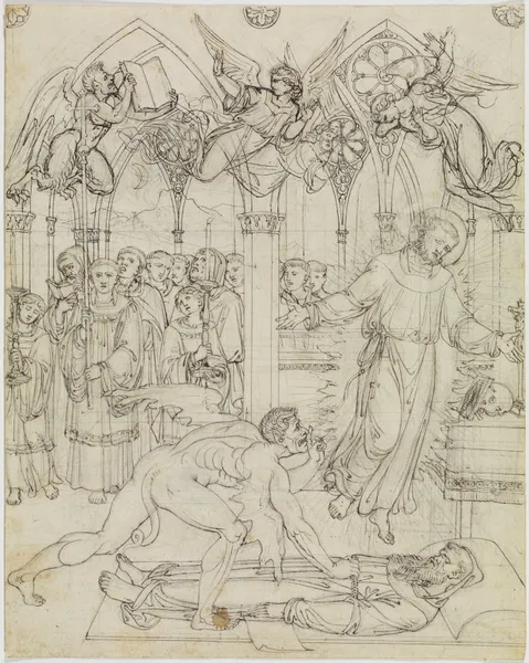 Streit des Hl. Franziskus mit dem Satan um die Seele des Mönches Guido da Montefeltro (Dante Inferno, Canto 27, V 112) av Joseph Anton Koch