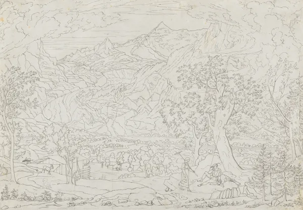 The Grindelwald Glacier with Hunter and Peasant Girl in Foreground av Joseph Anton Koch