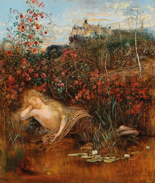 A Kamptal Nymph under a Rose Hedge av Anton Romako