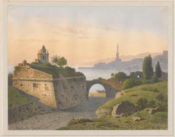 View of a port in Genoa with a lighthouse in the distance av Arthur Blaschnik