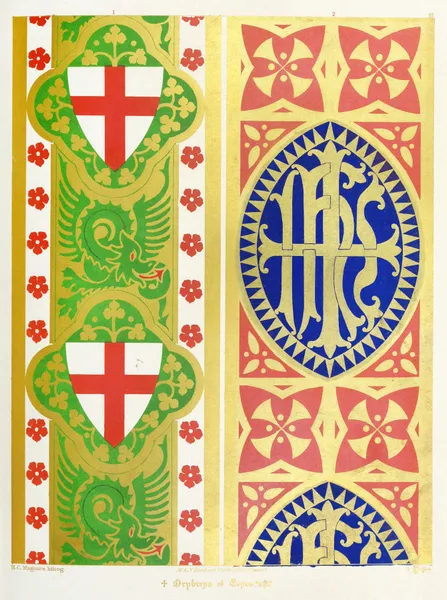 Orphreys of Copes; 1. St. George, Shield and Dragon ; 2. The Five Crosses with the Holy Name in the First. av Augustus Pugin