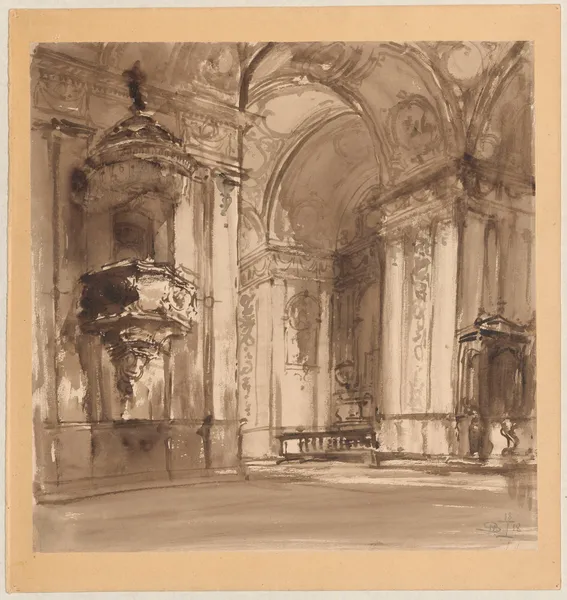 Baroque interior with a pulpit av Stanisław Noakowski