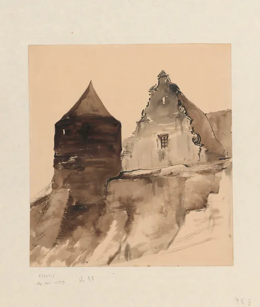 City wall with a wall tower and Renaissance building av Stanisław Noakowski