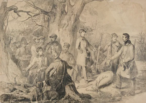 Grand ducal hunting party with shot deer (preparatory sketch) av Johann Baptist Kirner