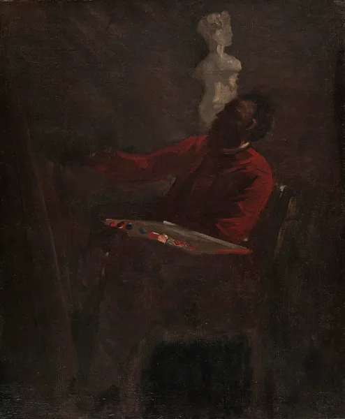 Carpeaux en veston rouge peignant dans son atelier av Jean-Baptiste Carpeaux