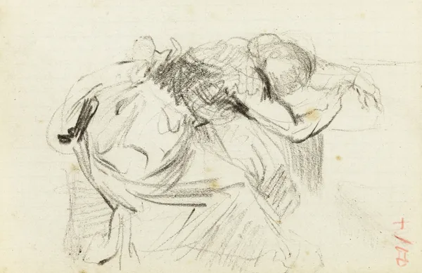 Etude de femme assise, l’avant du corps allongé sur une table, la tête dans les bras av Jean-Baptiste Carpeaux