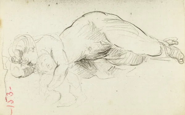 Etude de femme nue allongée avec un bébé av Jean-Baptiste Carpeaux