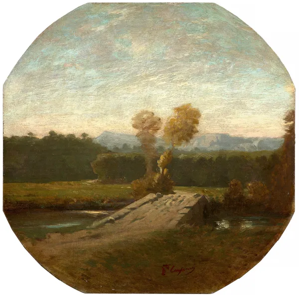 Paysage boisé avec pont et cours d’eau av Jean-Baptiste Carpeaux