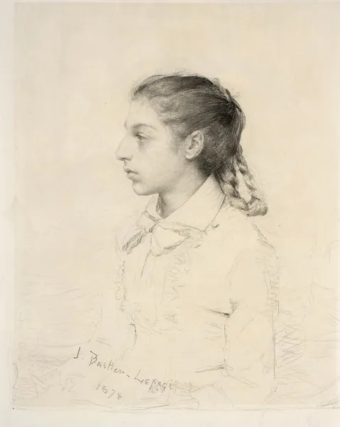 Portrait of a young girl with a braid av Jules Bastien-Lepage