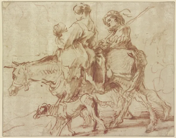 Frau mit Kind auf einem Esel reitend, ein junger Mann zu Fuß nebenher gehend av Giovanni Benedetto Castiglione