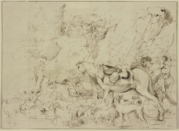 Hirten mit Pferd, Esel und Schafherde in einer Felsenlandschaft av Giovanni Benedetto Castiglione