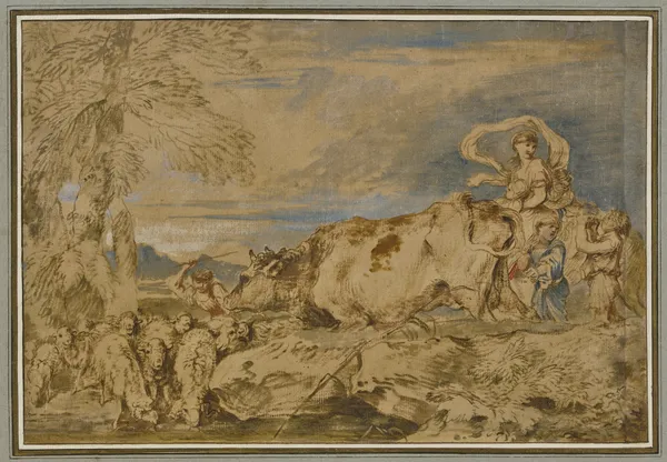 Hirten und Schäferinnen mit einer Herde an der Tränke av Giovanni Benedetto Castiglione